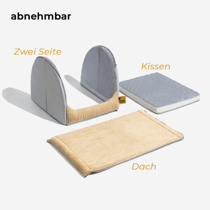Graues Katzenhaus mit abnehmbaren Kissen und Dach, faltbar, modernes Design.