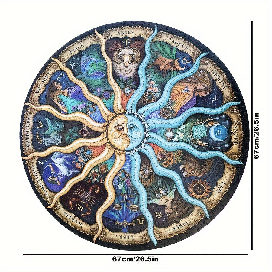 Rundes Puzzle mit astrologischen Motiven, 67cm Durchmesser, Tierkreiszeichen, bunte Illustrationen.