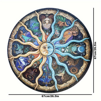 Rundes Puzzle mit astrologischen Motiven, 67cm Durchmesser, Tierkreiszeichen, bunte Illustrationen.