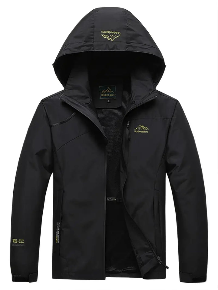 Schwarze Outdoor-Jacke mit Kapuze, wasserabweisend, atmungsaktiv, ideal für Wandern und Trekking.