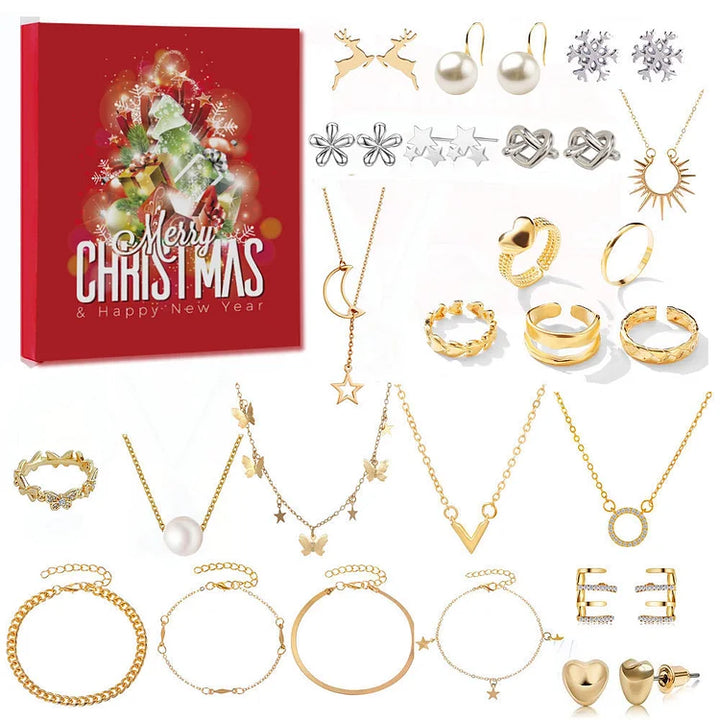Weihnachtsschmuck-Set mit goldenen Halsketten, Armbändern, Ohrringen und Geschenkbox.
