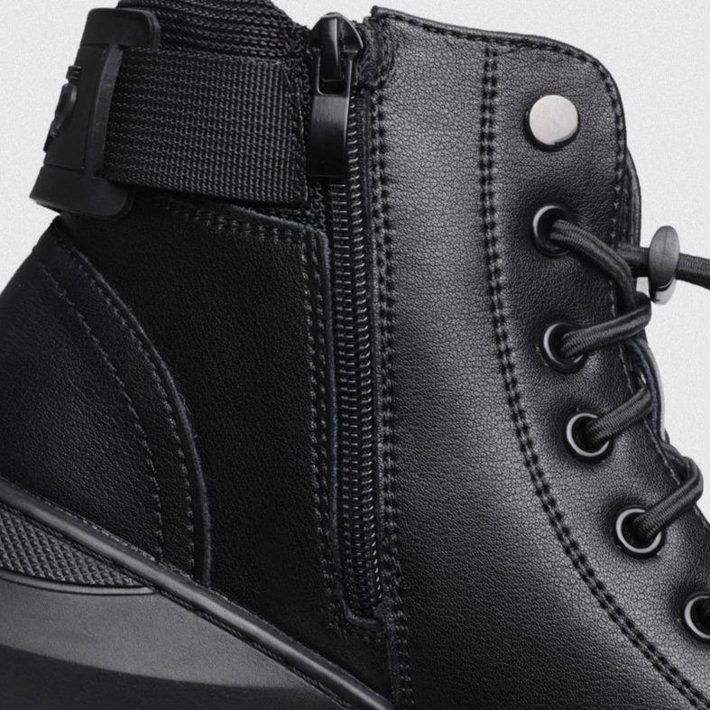 Schwarzer Lederstiefel mit Reißverschluss und Schnürung, modisch, robust, für Damen.