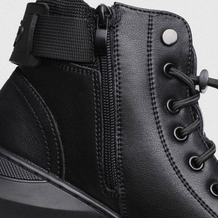 Schwarzer Lederstiefel mit Reißverschluss und Schnürung, modisch, robust, für Damen.