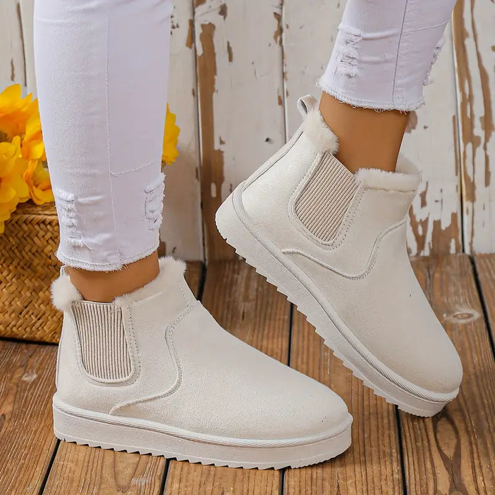 Weiße Damen-Stiefeletten mit Fellfutter, rutschfeste Sohle, modisch, bequem, Herbst-Winter.