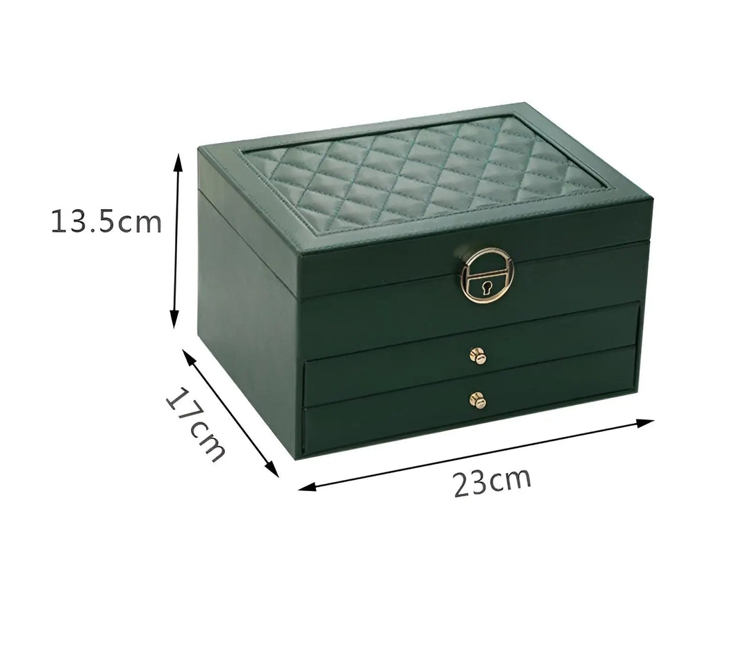 Grüne Schmuckbox mit Schloss, 23x17x13,5 cm, Lederoptik, Aufbewahrung für Schmuck und Accessoires.