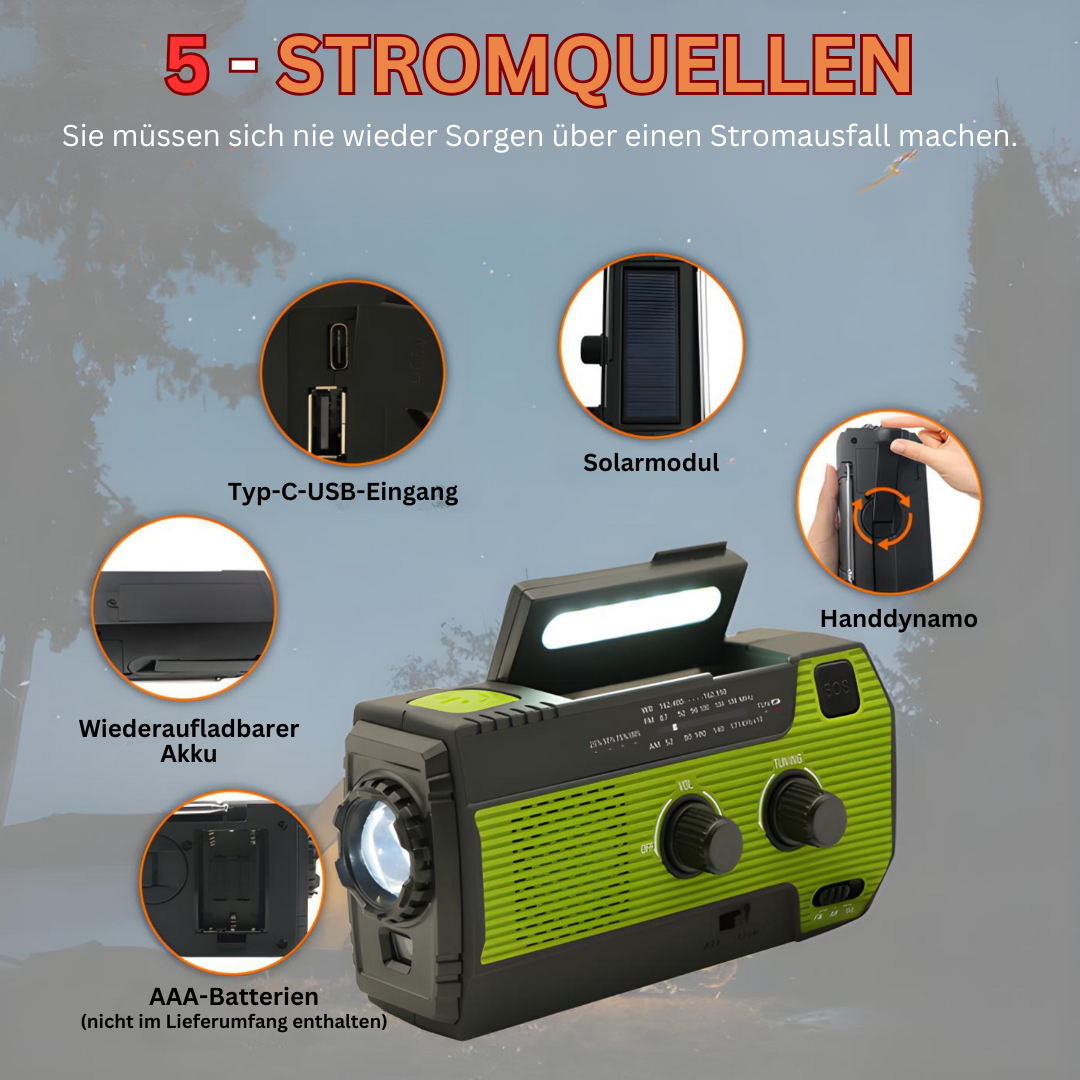 Tragbares Notfallradio mit Solarmodul, Handdynamo, USB-C, LED-Licht, grün-schwarz.