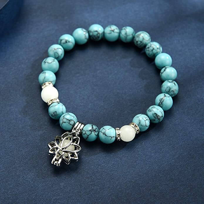Türkisfarbenes Armband mit Lotus-Anhänger, Edelsteinperlen, elastisch, Schmuck für Damen.