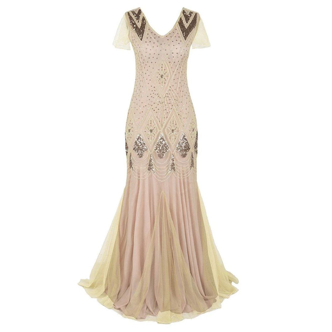 Beiges Abendkleid mit Pailletten, V-Ausschnitt, Tüllrock, elegantes Design, festliche Mode.