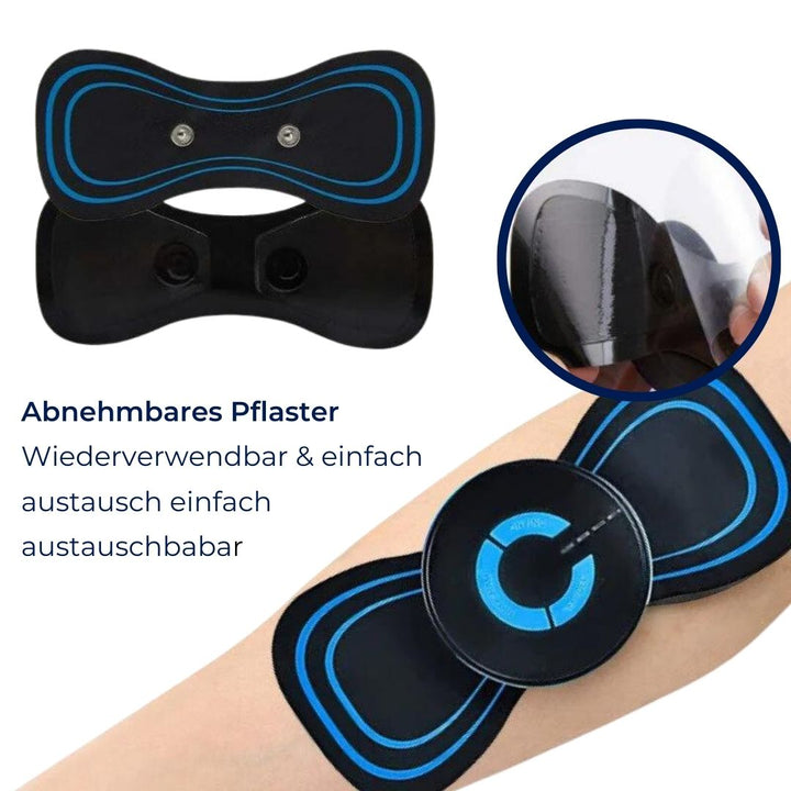 Schwarzes EMS-Muskelstimulationsgerät mit blauen Akzenten auf Arm, wiederverwendbar.