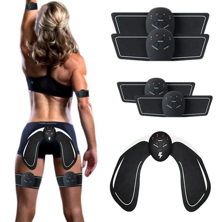 Frau mit EMS-Trainingsgerät, schwarz, Muskelstimulation, Fitness, Bauch, Arme, Beine.