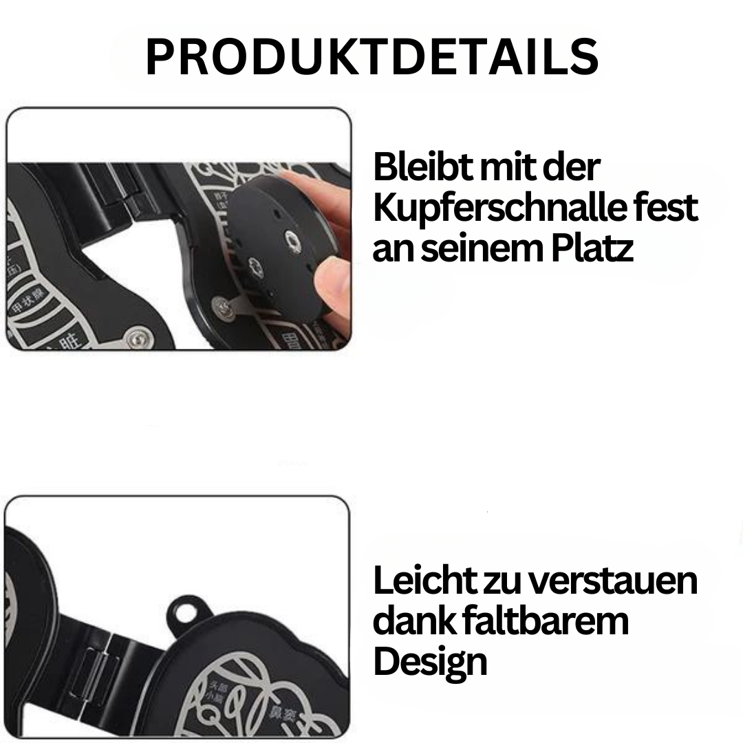 Faltbares Akupressurgerät, schwarz, mit Kupferschnalle, platzsparend, einfach zu verstauen.
