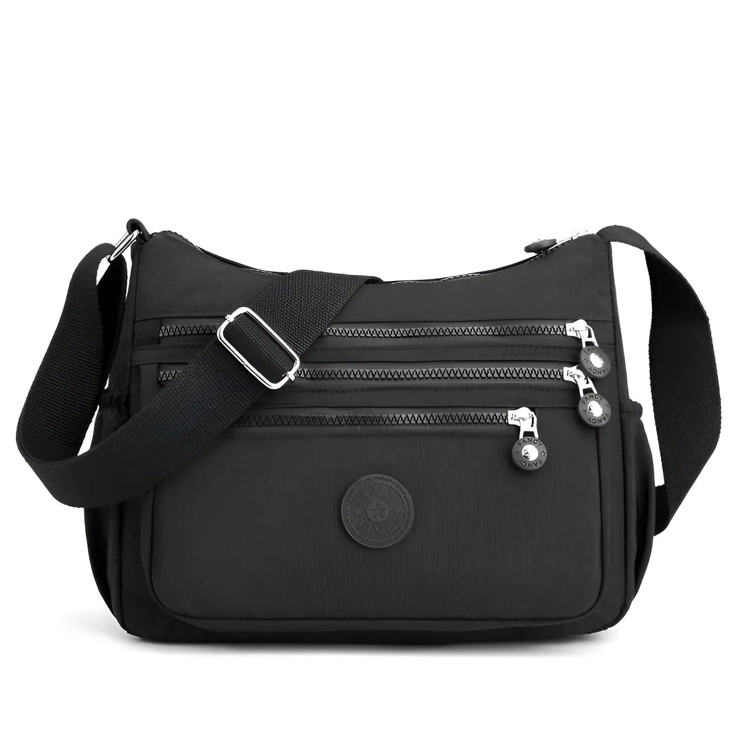 Schwarze Umhängetasche mit Reißverschlüssen, verstellbarem Gurt, Nylon, modisch, praktisch.