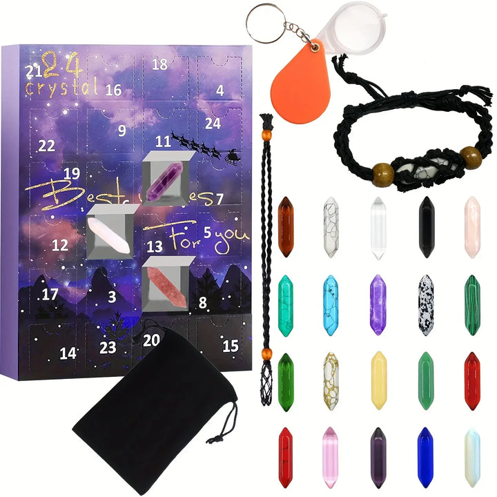 Adventskalender mit Kristallen, 24 Türchen, Schmuck, Geschenkset, lila Verpackung.