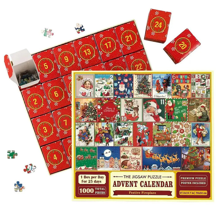 Adventskalender Puzzle, 1000 Teile, Weihnachtsdesign, rot, 25 Tage, Geschenkidee.