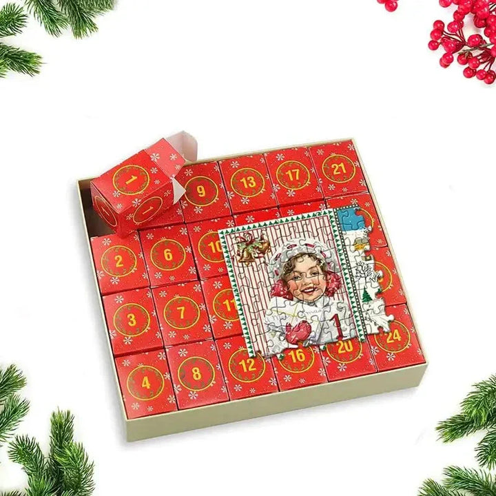 Roter Adventskalender mit Puzzle, Weihnachtsmotiv, 24 Türchen, festliche Dekoration.