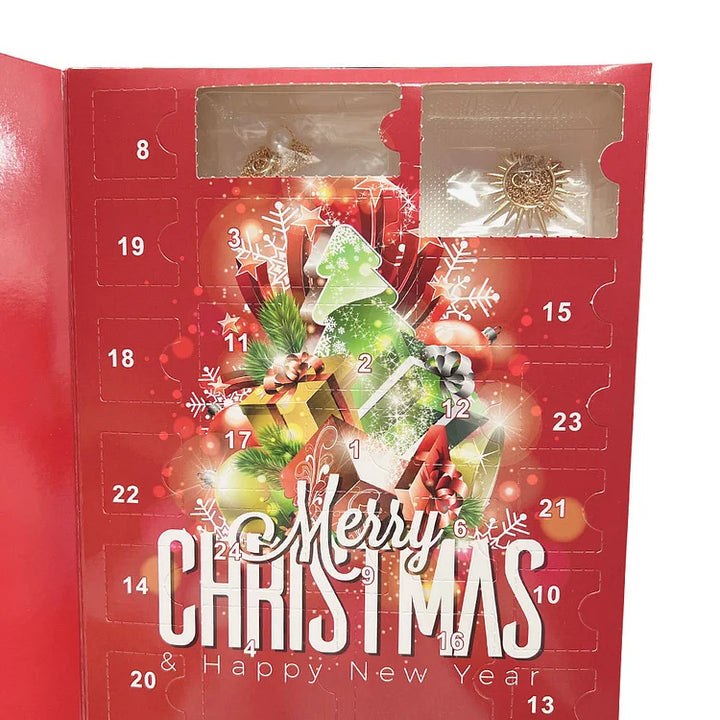 Roter Adventskalender mit weihnachtlichem Design und Schmuck, Türchen geöffnet, festlich.
