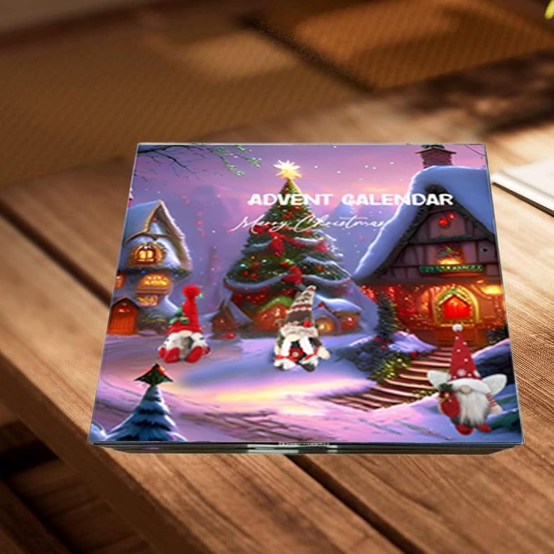 Adventskalender mit Weihnachtsmotiven, beleuchtete Häuser, festliche Dekoration, Geschenkidee.