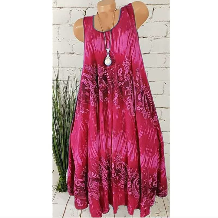 Rotes ärmelloses Maxikleid mit Paisley-Muster, Damenmode, Sommerkleidung, Boho-Stil.