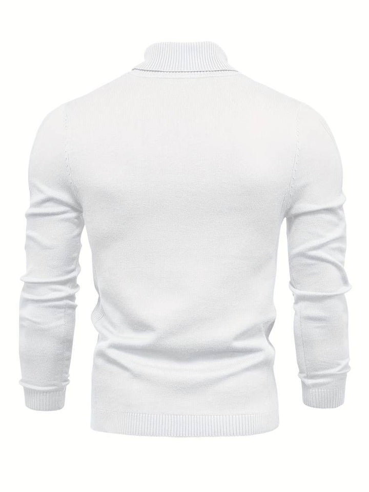 Weißer Herrenpullover, langärmelig, Strick, modisch, Rückansicht, Wintermode, Baumwolle.