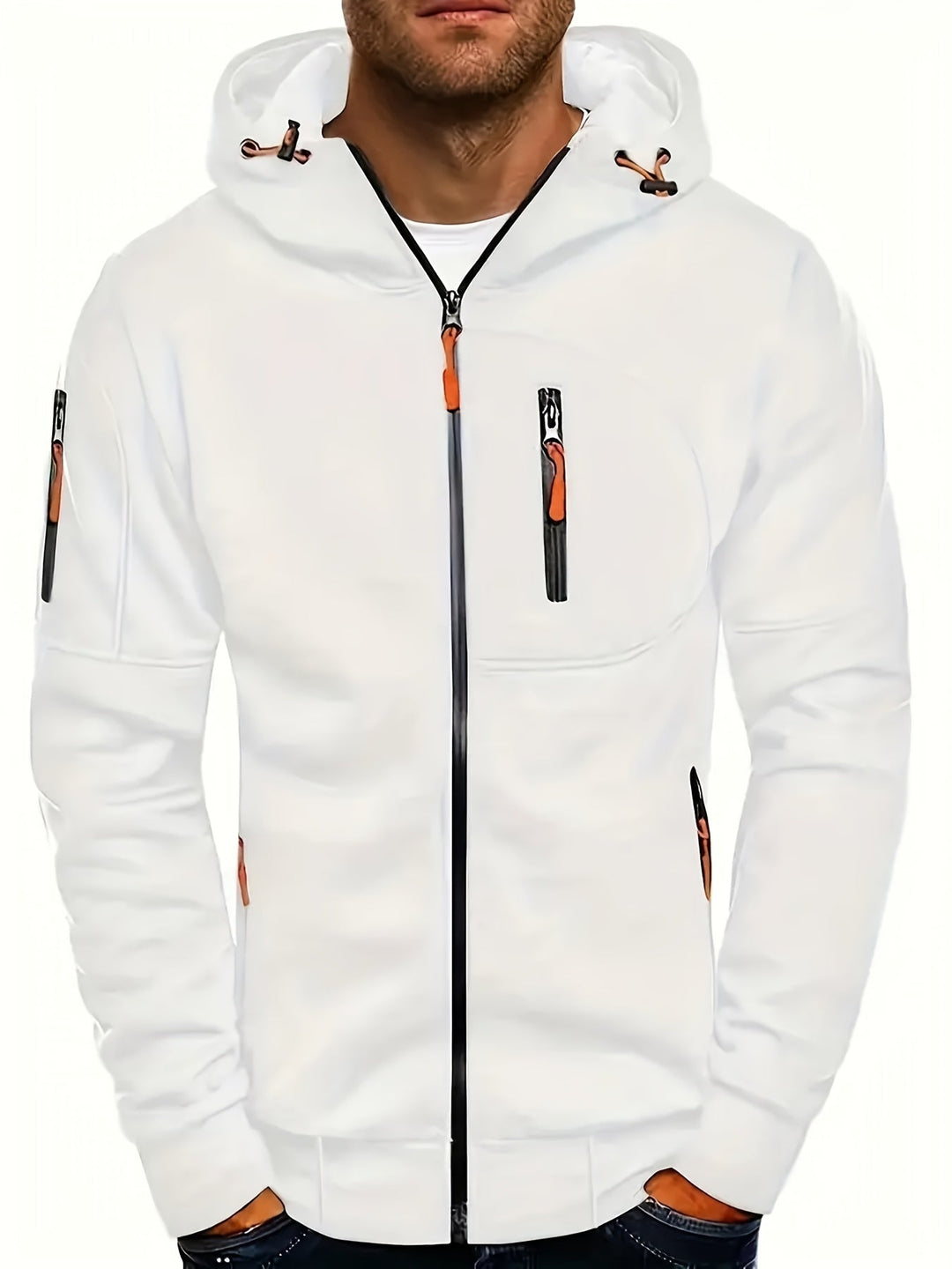 Weiße Herren-Kapuzenjacke, Reißverschlüsse, sportlich, modisch, Freizeitkleidung, Baumwolle.