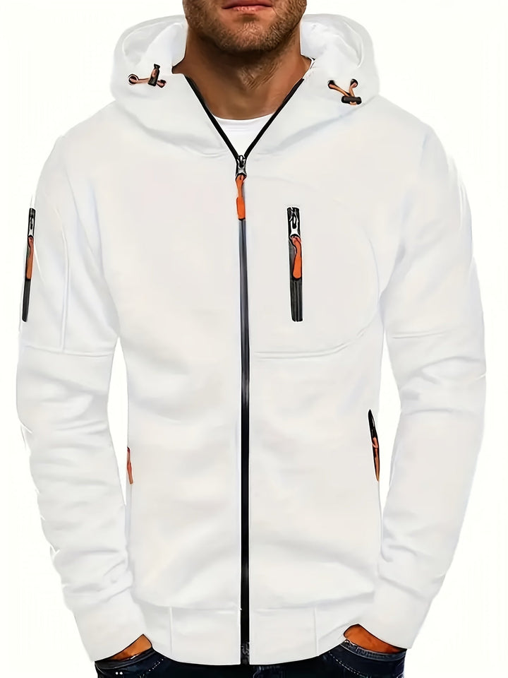 Weiße Herren-Kapuzenjacke, Reißverschlüsse, sportlich, modisch, Freizeitkleidung, Baumwolle.