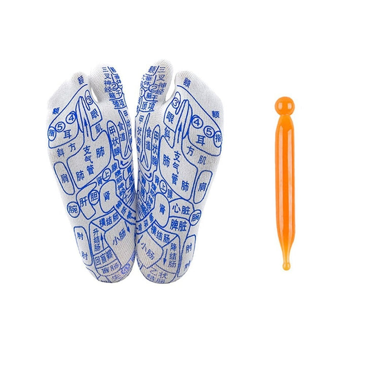 Reflexzonen-Socken mit blauen Markierungen und orangefarbenem Massagestab, Fußmassage-Set.