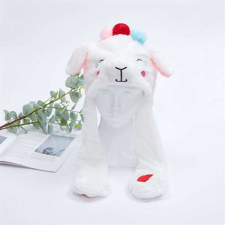 Weiße Plüschmütze mit Alpaka-Design, Ohrenklappen, Pompons, ideal für Winter, Kinder, Geschenk.
