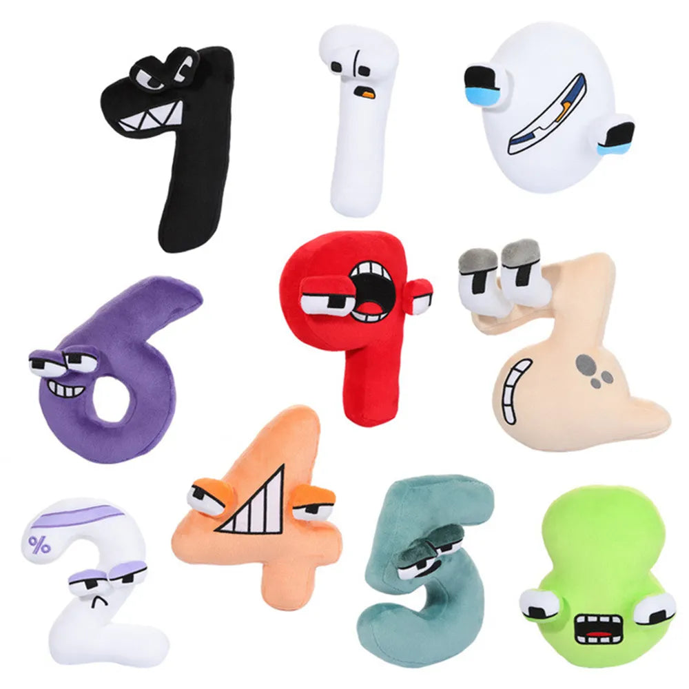 Zehn bunte Alphabet Lore Plüschtiere, Cartoon-Zahlen, weich, lustig, Kinderzimmer-Dekoration.