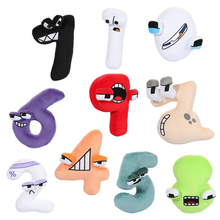 Zehn bunte Alphabet Lore Plüschtiere, Cartoon-Zahlen, weich, lustig, Kinderzimmer-Dekoration.