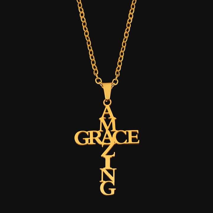 Goldene "Amazing Grace" Kreuzkette, Edelstahl, religiöser Schmuck, modisches Accessoire.