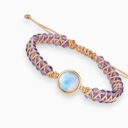 Armband mit Amethystperlen und Mondstein, handgeknüpft, verstellbar, Boho-Schmuck, lila.