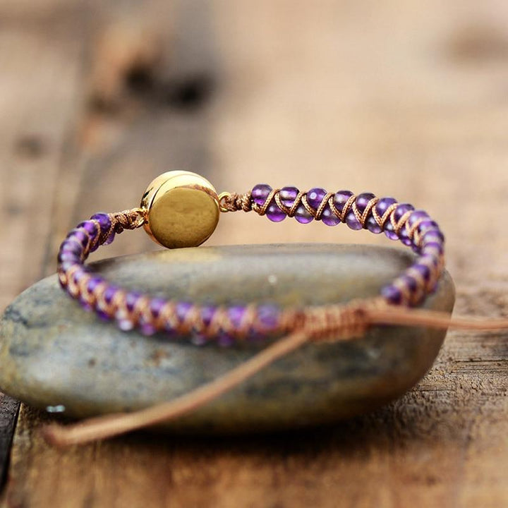Amethyst-Opal-Armband, geflochten, Boho-Stil, Yoga, Freundschaft, lila, goldener Verschluss.