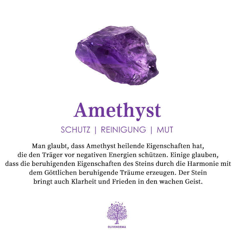 Amethyst Edelstein lila, Schutz, Reinigung, Mut, heilende Eigenschaften, spirituelle Klarheit.