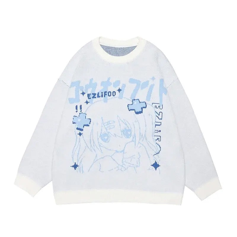 Weißer Pullover mit blauem Anime-Design, Baumwolle, Unisex, modisch, lässig, Herbstmode.