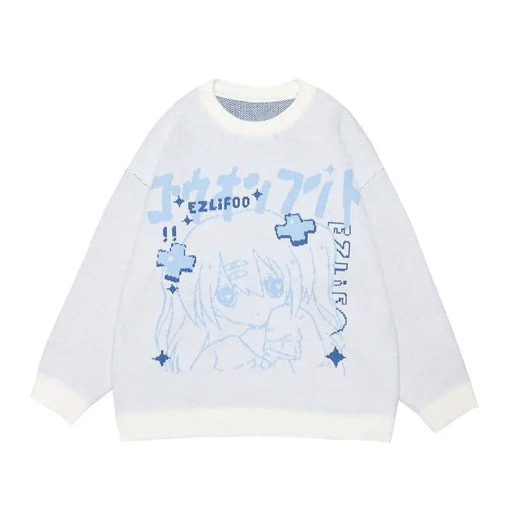 Weißer Pullover mit blauem Anime-Design, Baumwolle, Unisex, modisch, lässig, Herbstmode.
