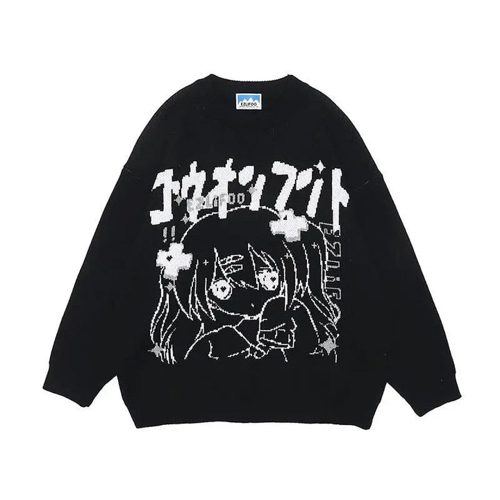 Schwarzer Anime-Pullover mit weißem Print, Unisex, Baumwolle, lässiger Stil, Herbstmode.