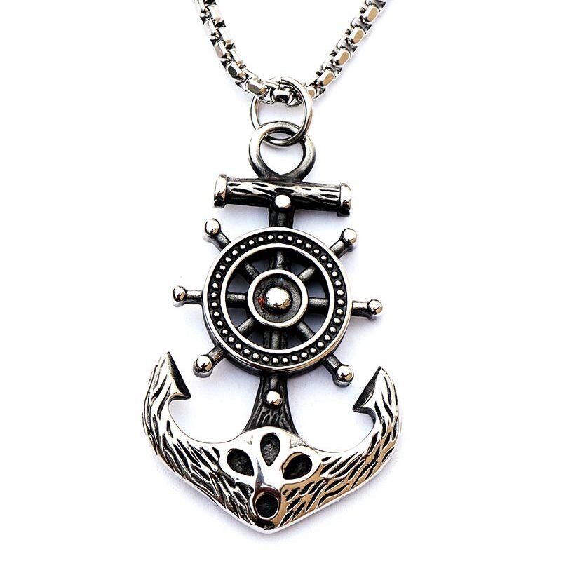 Silberne Anker-Halskette mit Steuerrad-Anhänger, maritimer Schmuck für Herren, Edelstahl.