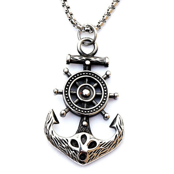 Silberne Anker-Halskette mit Steuerrad-Anhänger, maritimer Schmuck für Herren, Edelstahl.