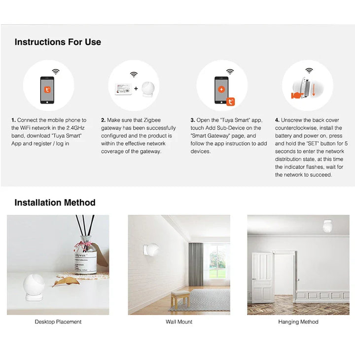 Anleitung für Zigbee Smart Gateway Installation und Nutzung, Wandmontage, Tischplatzierung.