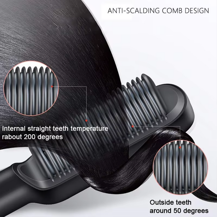 Anti-Verbrühungs-Kamm, glättet Haare, Innentemperatur 200°C, Außenzähne 50°C, schwarz.