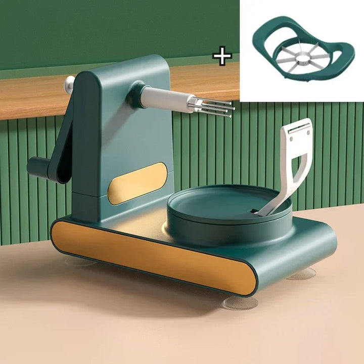 Grüner Apfelschneider und -schäler aus Kunststoff und Metall, ideal für Küchenzubehör.