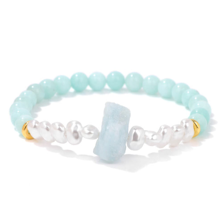 Armband aus Aquamarin, Perlen und Gold, handgefertigt, elegantes Schmuckdesign, Damenaccessoire.
