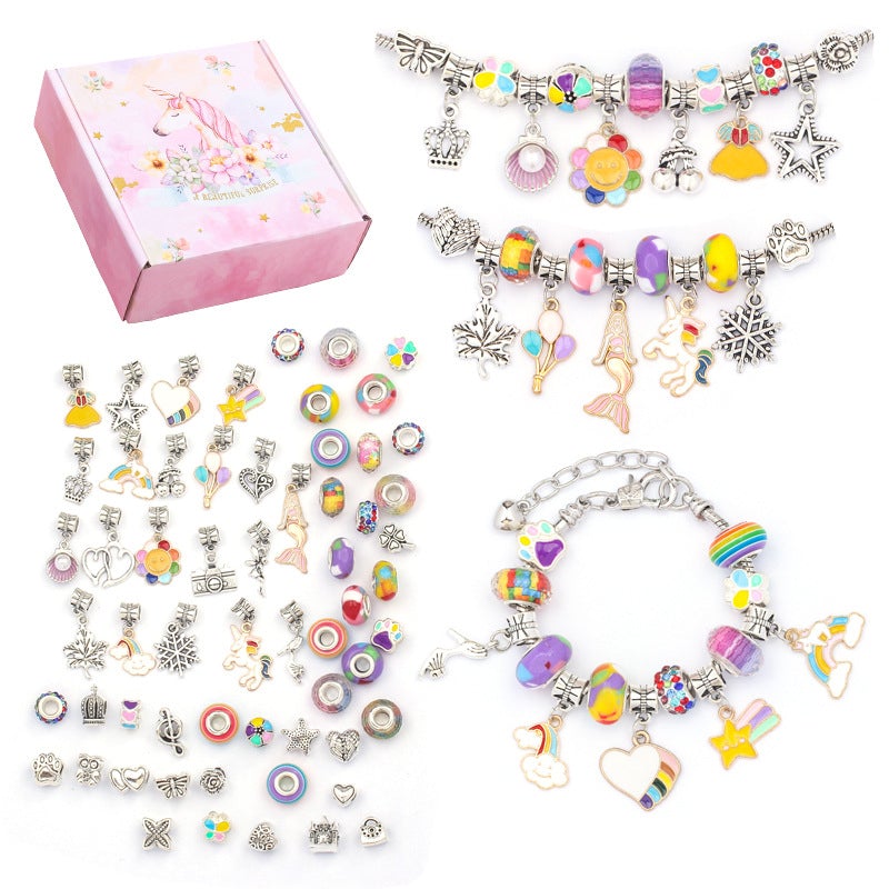 Armband-Set für Mädchen, bunte Perlen und Anhänger, DIY Schmuck, Geschenkbox, Einhorn-Design.