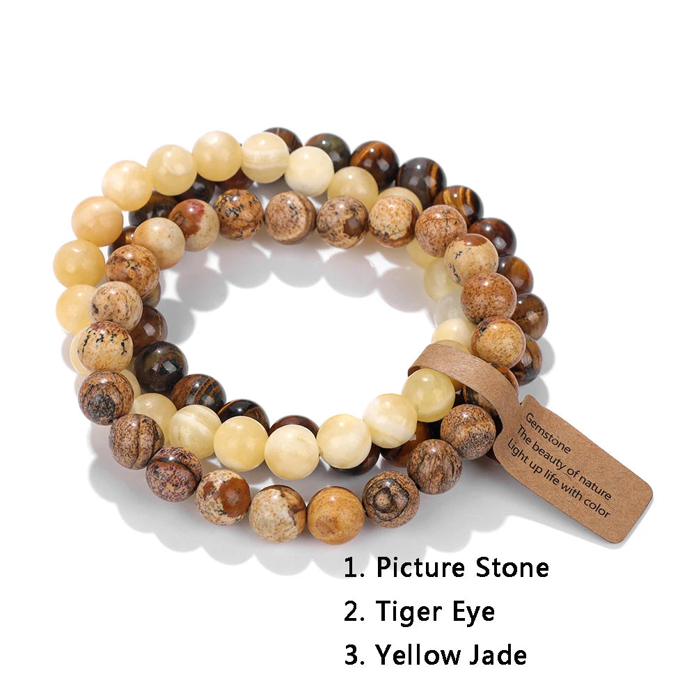 Armband aus Bildstein, Tigerauge und gelbem Jade, Naturstein-Design, handgefertigt.
