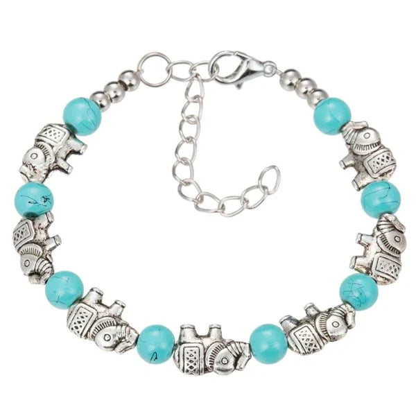 Silberarmband mit türkisfarbenen Perlen und Elefantenanhängern, verstellbar, Damen-Schmuck.