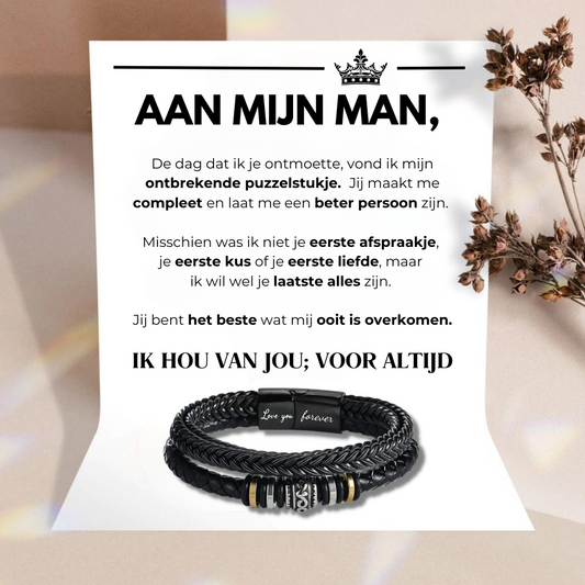 Schwarzes Herrenarmband mit Gravur "Love you forever", Leder, Edelstahl, Geschenk für Männer.