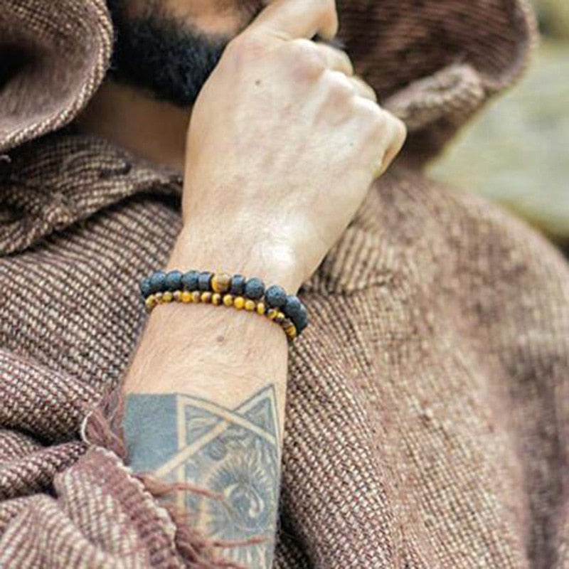 Männerarmband aus Lavastein und Tigerauge, handgefertigt, braun-schwarz, Boho-Stil, Unisex.