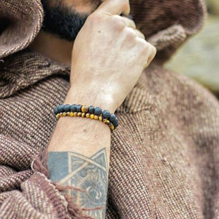 Männerarmband aus Lavastein und Tigerauge, handgefertigt, braun-schwarz, Boho-Stil, Unisex.