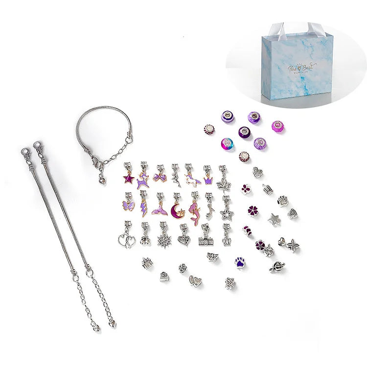 Silbernes Charm-Armband-Set mit Anhängern, Geschenkbox, Schmuck, DIY, personalisierbar.