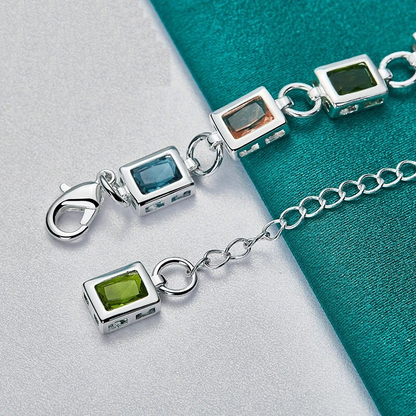 Silberarmband mit bunten Edelsteinen, rechteckige Anhänger, Damen-Schmuck, elegantes Design